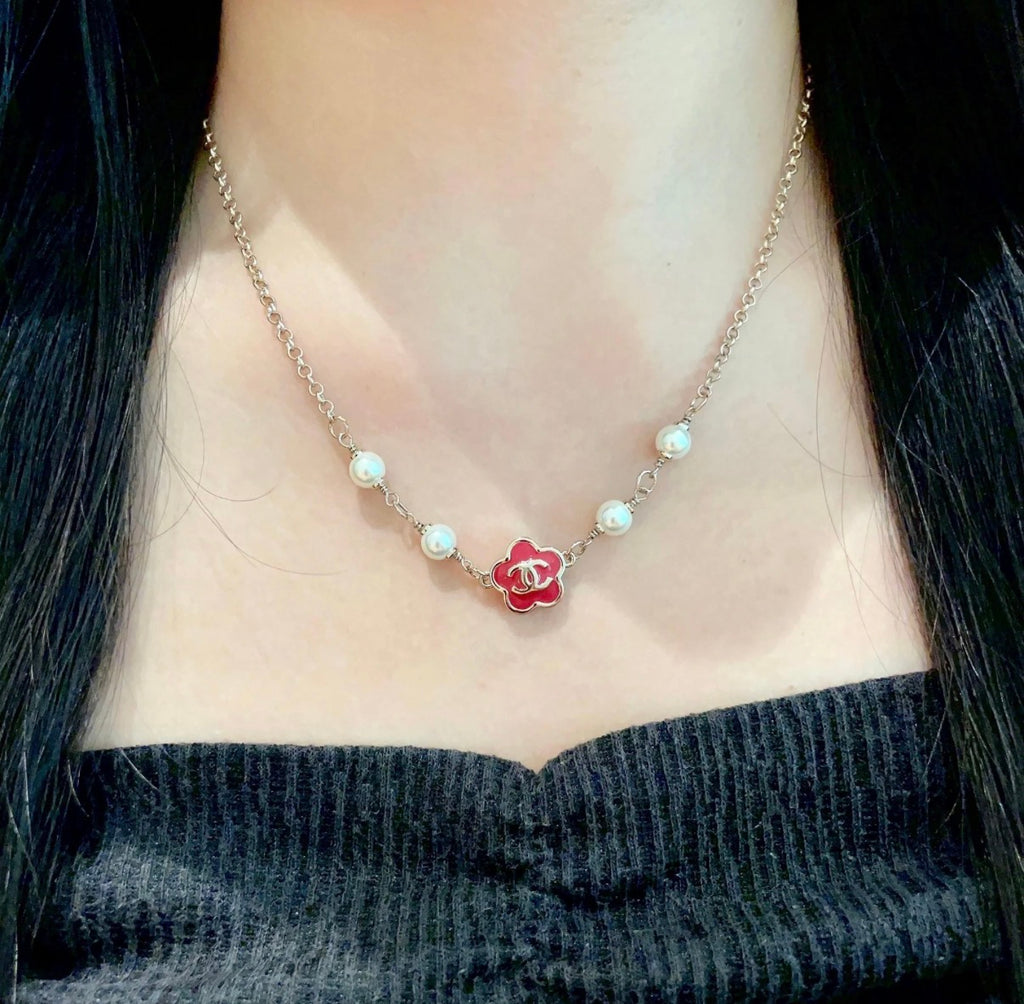 CC Flower Vintage Red Pearl Gold Necklaces