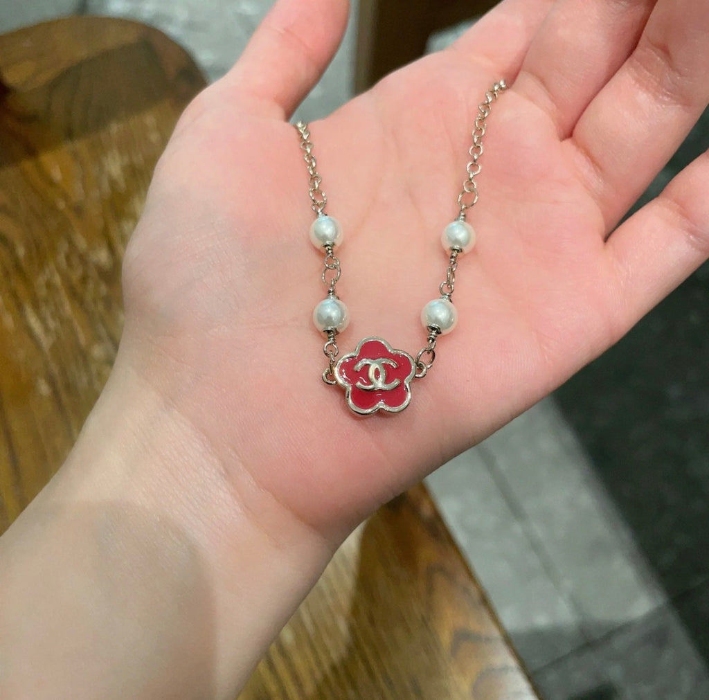 CC Flower Vintage Red Pearl Gold Necklaces