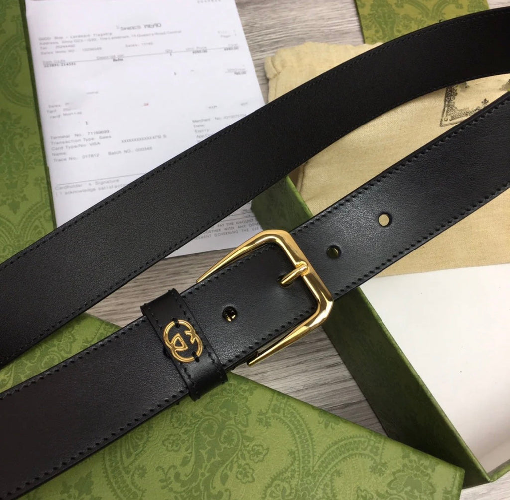 G BELT GOLD SQUARE INSTALL BUCKLE BLACK LEATHER 3.5CM