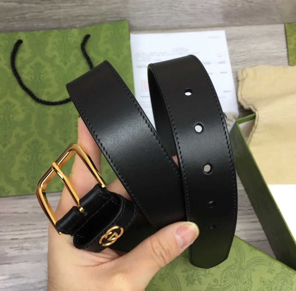 G BELT GOLD SQUARE INSTALL BUCKLE BLACK LEATHER 3.5CM