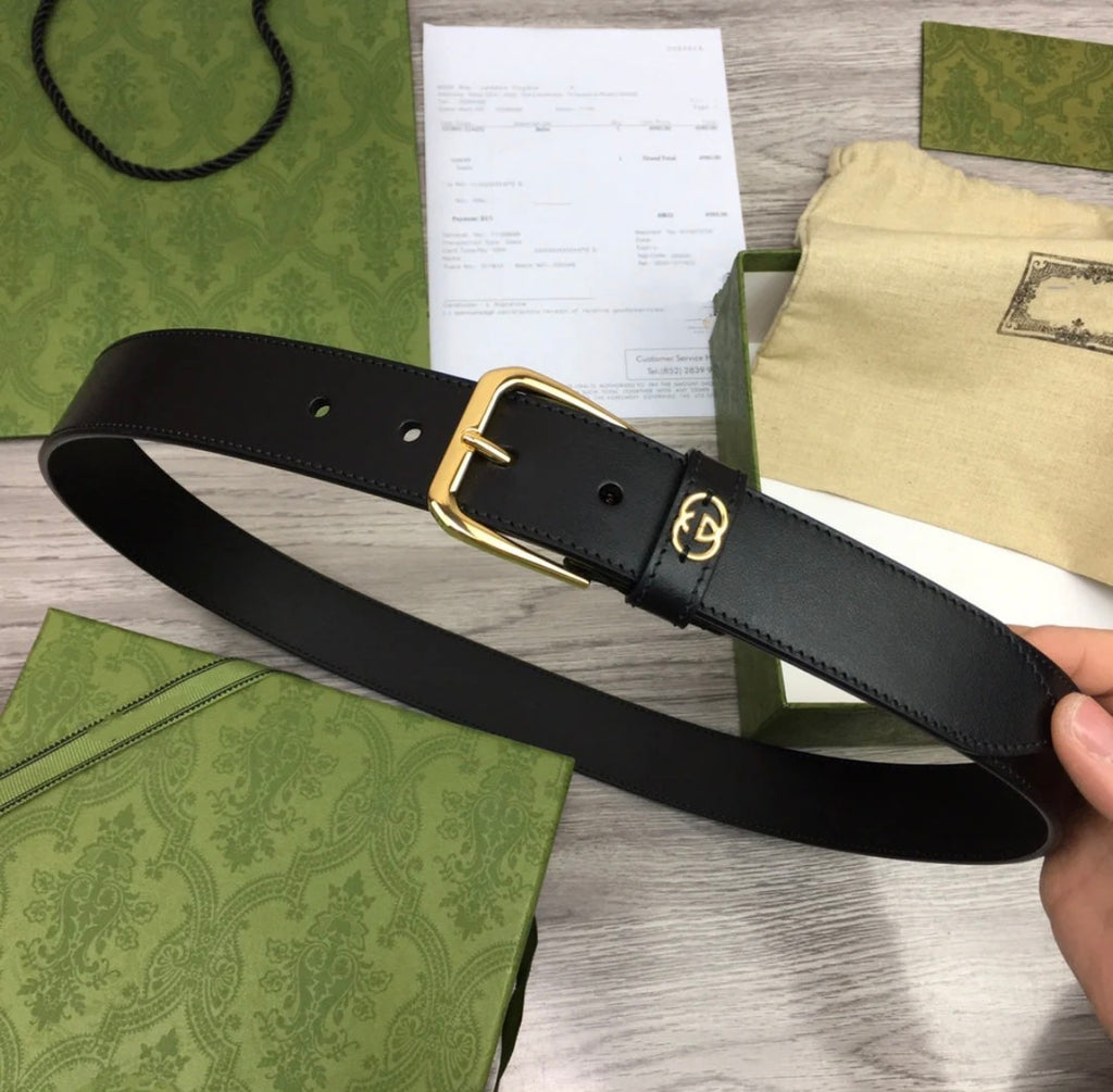 G BELT GOLD SQUARE INSTALL BUCKLE BLACK LEATHER 3.5CM