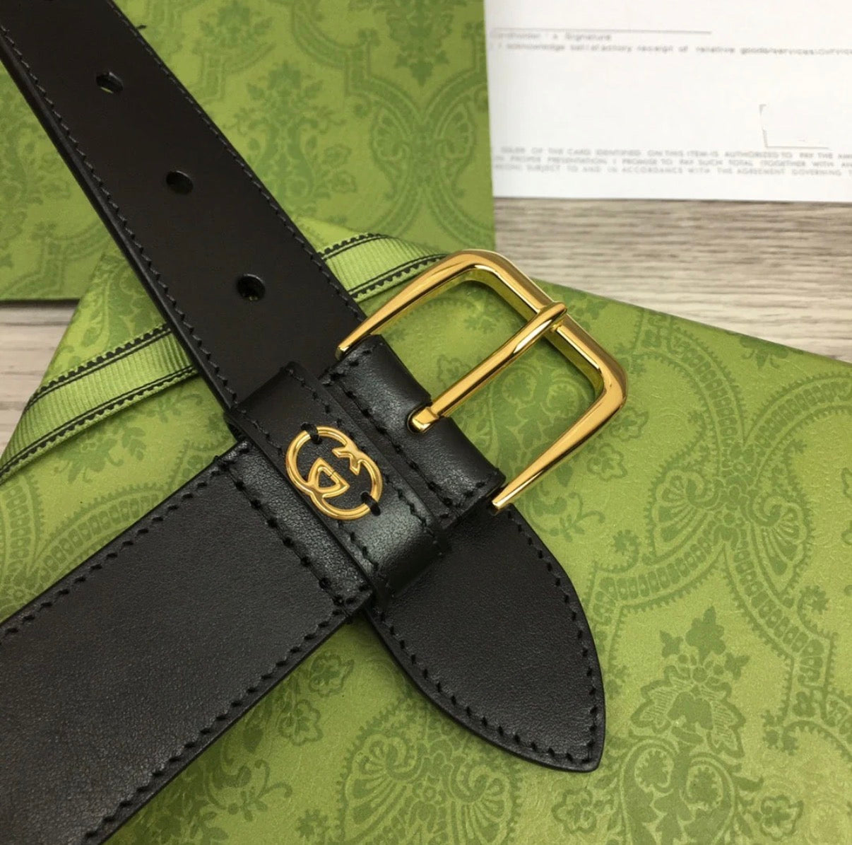 G BELT GOLD SQUARE INSTALL BUCKLE BLACK LEATHER 3.5CM